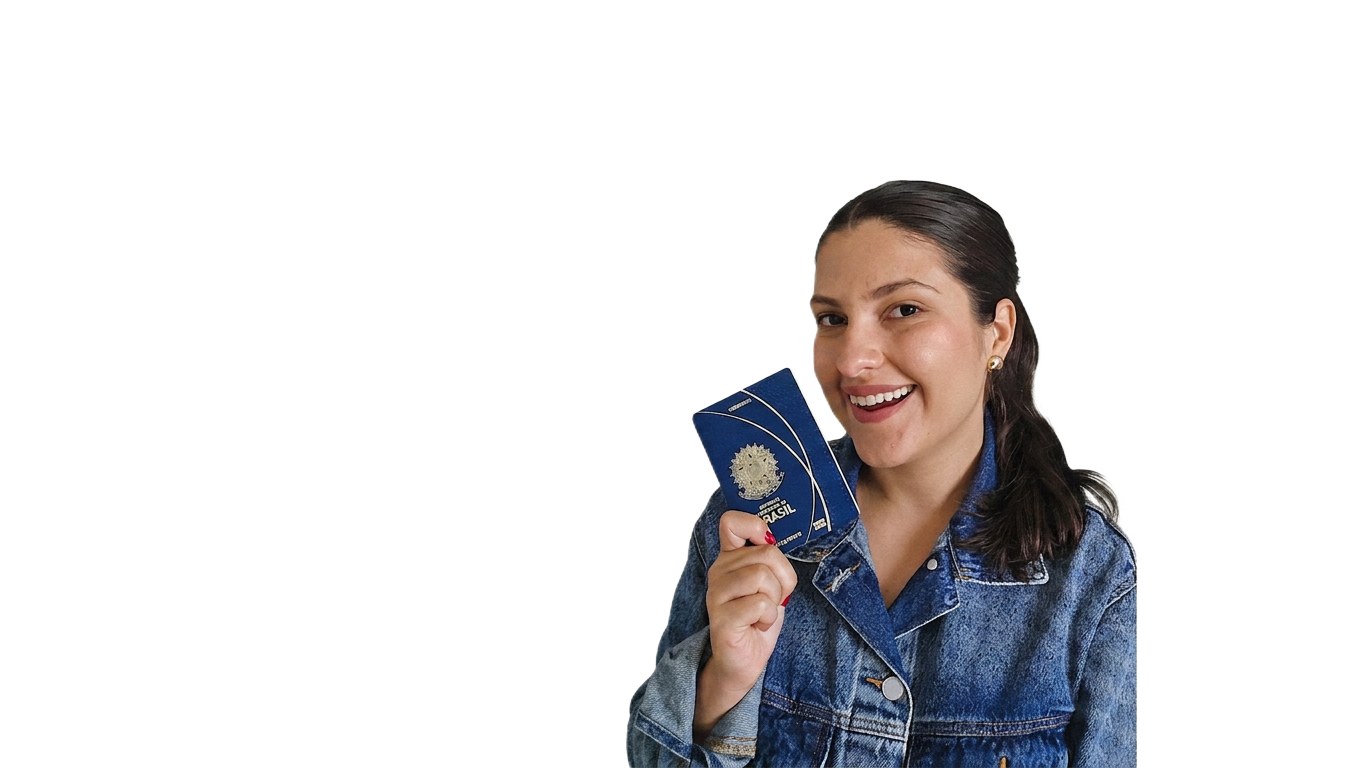Thaís com passaporte e arte do logo